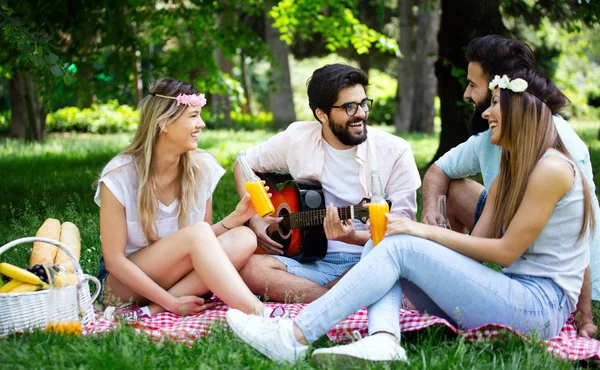 Lyckliga Unga Vänner Parken Med Picknick Solig Dag — Stockfoto