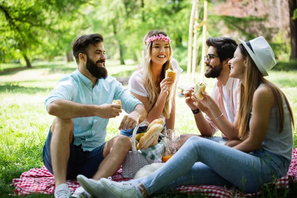 Güneşli bir günde piknik parkta Mutlu genç arkadaşlar.