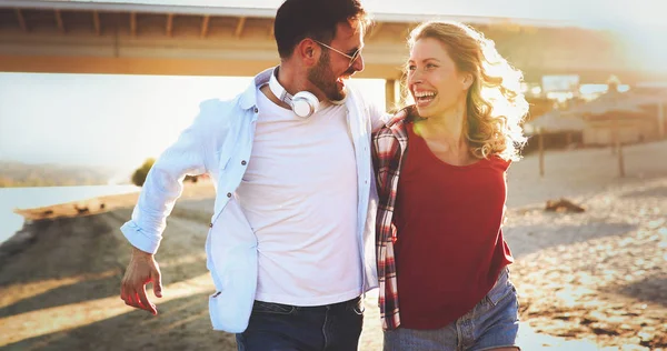 Truly Happy Playful Couple Love Having Fun Beach — Stock Photo, Image