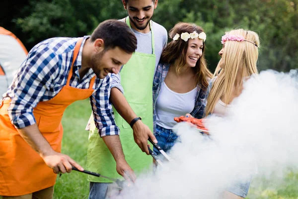 Friends Making Barbecue Together Outdoors Nature — Stock Photo, Image