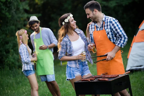 Friends Making Barbecue Together Outdoors Nature — Stock Photo, Image