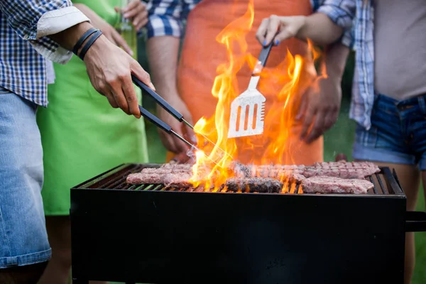 Amigos Fazendo Uma Festa Churrasco Natureza Enquanto Divertem — Fotografia de Stock