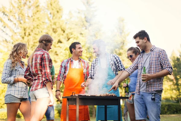 Νέοι Απολαμβάνουν Barbecuing Εξωτερική — Φωτογραφία Αρχείου