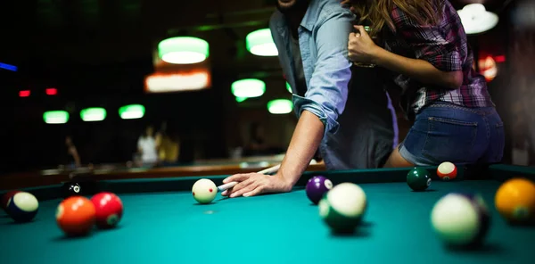 Couple Dating Flirting Playing Billiard Pool Hall — Stock Photo, Image