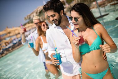 Yaz partisi. Kumsalda bir grup arkadaş kuyruk sallayıp eğleniyorlar.