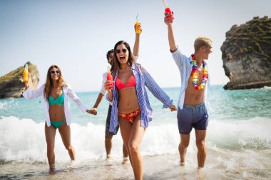 Bir grup mutlu arkadaş yazın sahilde içki içip eğleniyorlar.