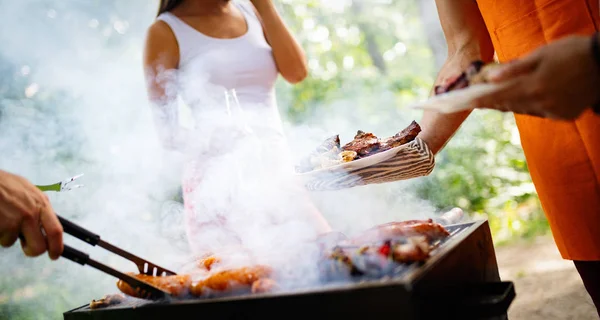 Amici Felici Fare Barbecue Pranzare Nella Natura — Foto Stock