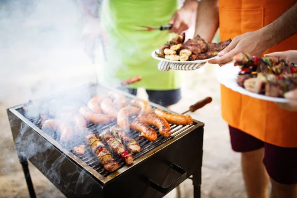 Friends Having Barbecue Party Nature While Having Blast — Stock Photo, Image