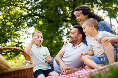 Mutlu çoklu nesil aile parkta piknik yapıyor.