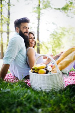Mutlu genç çift parkta açık piknik zevk