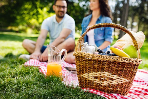 Szczęśliwy Młody Para Ciesząc Piknik Park Wolnym Powietrzu — Zdjęcie stockowe