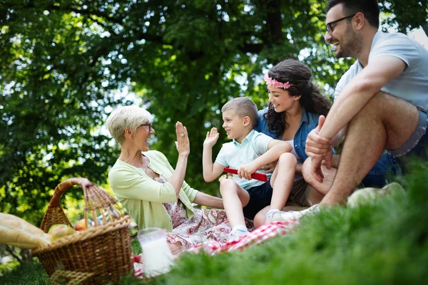 Bonne Famille Profiter Pique Nique Dans Nature Avec Grand Parent — Photo