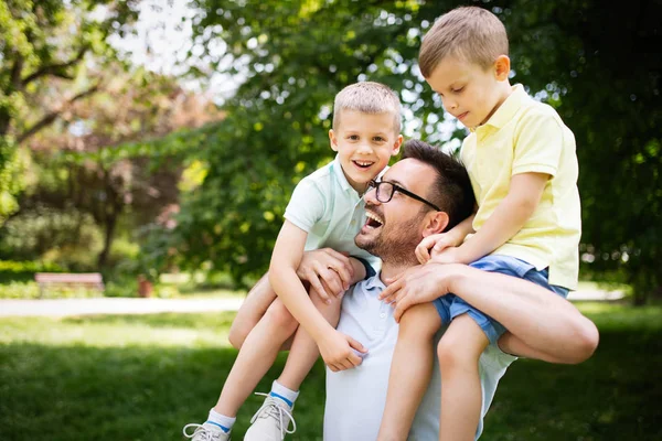 Happy Loving Family Father His Children Playing Hugging Outdoors — Stock Photo, Image