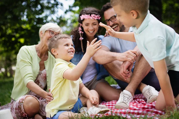 祖父母と一緒に自然の中でピクニックを楽しむ幸せな家族 — ストック写真