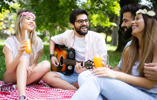 Grupo Feliz Amigos Relaxando Divertindo Piquenique Livre — Fotografia de Stock