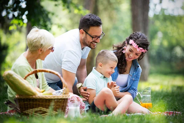 Família Feliz Multi Geração Desfrutando Piquenique Parque — Fotografia de Stock