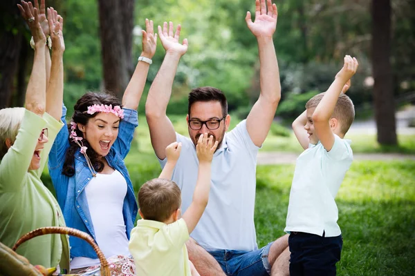 Happy Multi Generation Family Enjoying Picnic Park — Stock Photo, Image