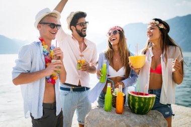 Yaz partisi. Bir grup arkadaş sahilde içiyor ve eğleniyorlar.