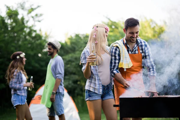 Group Friends Having Barbecue Party Forest — Stock Photo, Image