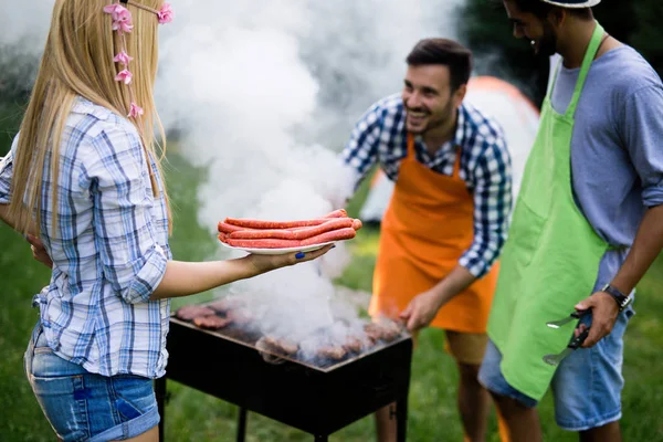 Handsome Young Male Preparing Barbecue Outdoors Friends — Stock Photo, Image