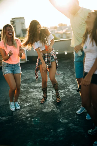 Grupo Amigos Felizes Fazendo Festa Diversão Telhado — Fotografia de Stock