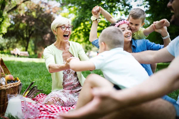 Gelukkige Multi Generatie Familie Genieten Van Picknick Een Park — Stockfoto