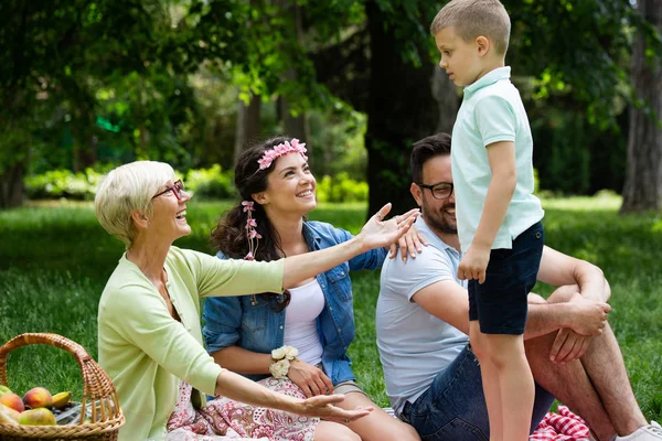Szczęśliwa Wielopokoleniowa Rodzina Ciesząca Się Piknikiem Parku — Zdjęcie stockowe