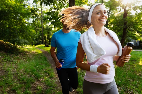 Happy Couple Running Exercising Together Park — Stock Photo, Image