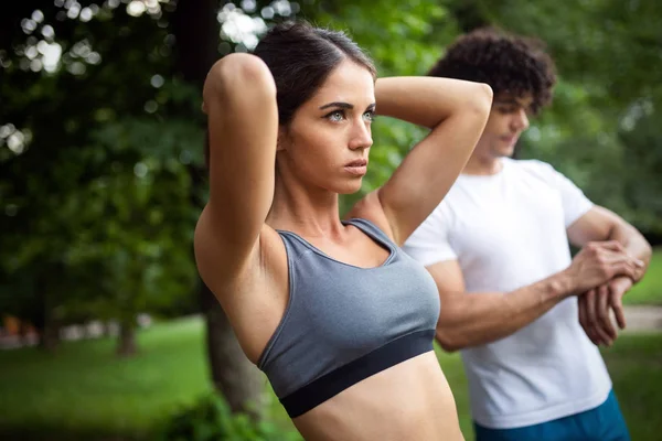 Young Happy Woman Doing Excercise Outdoor Park Jogging — Stock Photo, Image