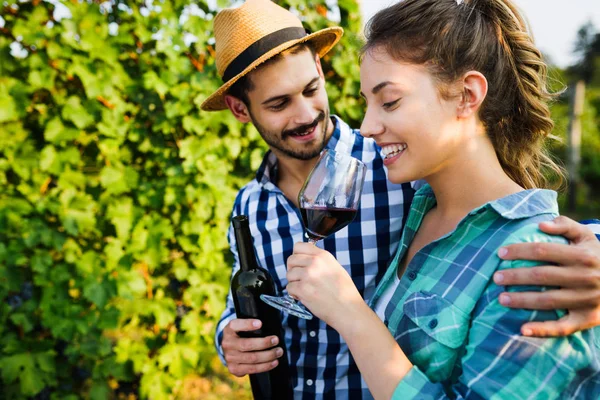 ワインのブドウ畑で働くとワインの試飲の愛のカップル — ストック写真
