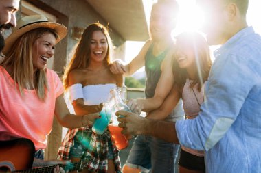 Bir çatı partisinde eğlenen, gitar çalan, şarkı söyleyen, dans eden ve sakinolan genç arkadaşlar