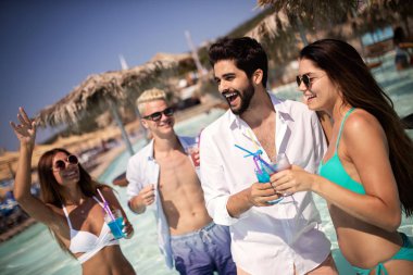 Birlikte yaz partide eğleniyor ve kokteyl içme arkadaş grubu