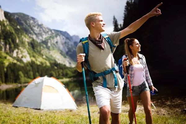 Adventure Travel Tourism Hike People Concept Group Smiling Friends Backpacks — Stock Photo, Image