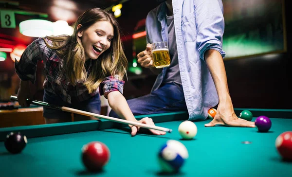 Young Happy Couple Playing Snooker Together Bar — Stock Photo, Image