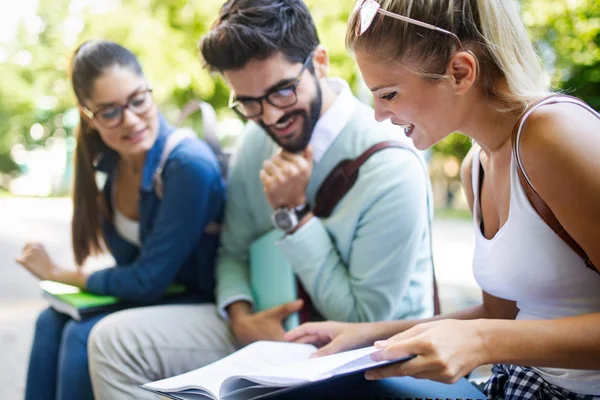 Jóvenes Estudiantes Universitarios Felices Estudiando Juntos Grupo Personas Multirraciales Universidad — Foto de Stock