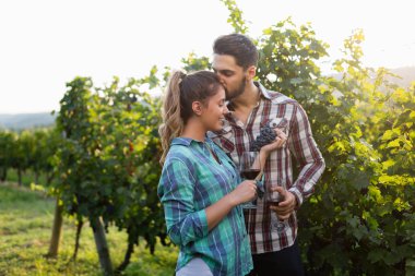 Aşık çift şarapçı bağda çalışıyor
