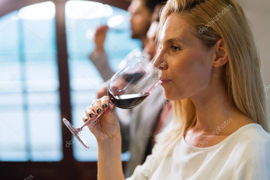 Beautiful blonde woman drinking glass of red wine indoors
