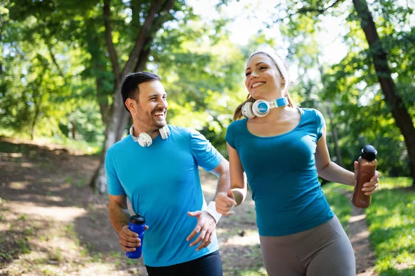 Couple Jogging Course Plein Air Dans Nature Exercice Ensemble — Photo