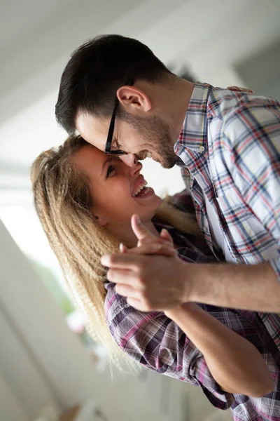 Romantic Young Couple Dancing Together Living Room — Stock Photo, Image