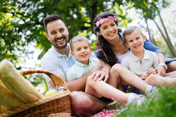 Happy Family Enjoying Picnic Kids Nature — Stock Photo, Image