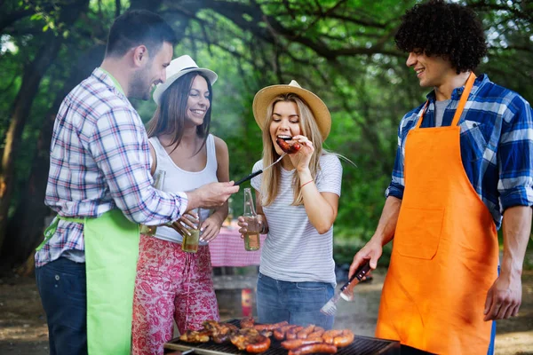 Amigos Teniendo Una Fiesta Barbacoa Naturaleza Mientras Divierten — Foto de Stock