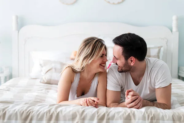 Young Happy Couple Having Romantic Time Bedroom — Stock Photo, Image