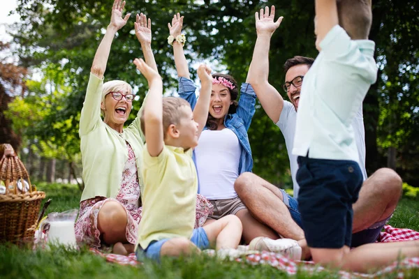 Família Feliz Multi Geração Desfrutando Piquenique Parque — Fotografia de Stock
