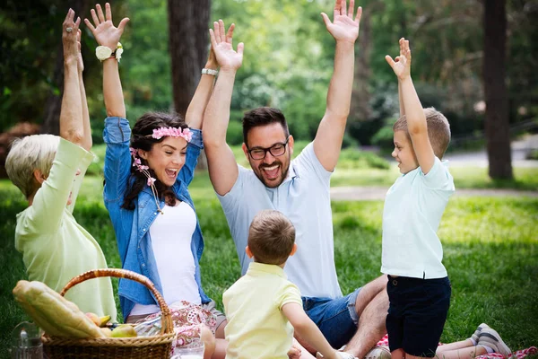 Happy Multi Generation Family Enjoying Picnic Park — Stock Photo, Image