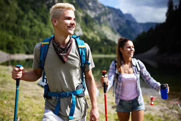 Adventure Travel Tourism Hike People Concept Smiling Friends Walking Backpacks — Stock Photo, Image