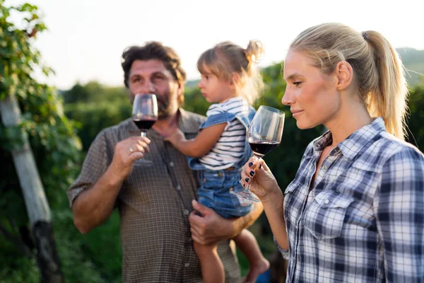 ワイナリーのブドウ畑のワインの試飲ワインの栽培者の家族 — ストック写真