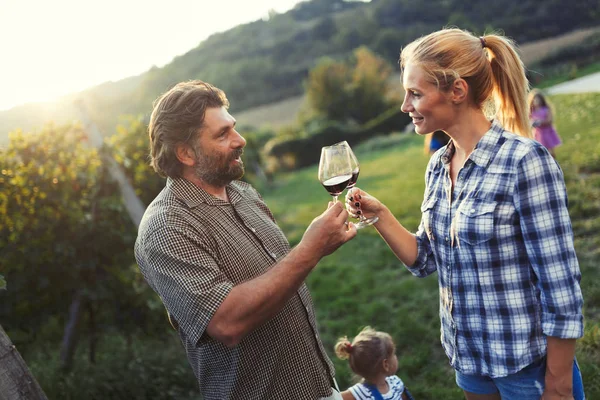 Picture People Tasting Red Wine Vineyard Having Fun Time — Stock Photo, Image