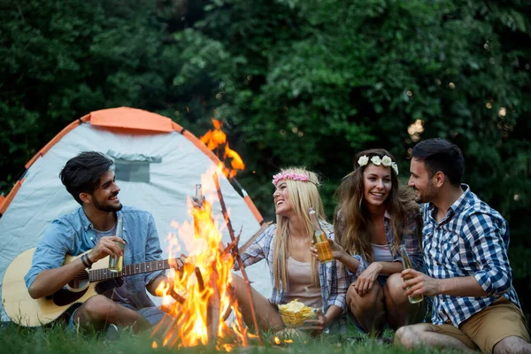 Grupp Fiends Njuter Musik Nära Lägerelden Natten — Stockfoto