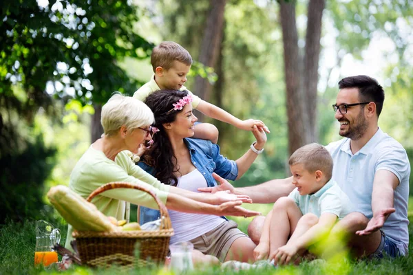 Glad Flergenerationsfamilj Njuter Picknick Park — Stockfoto