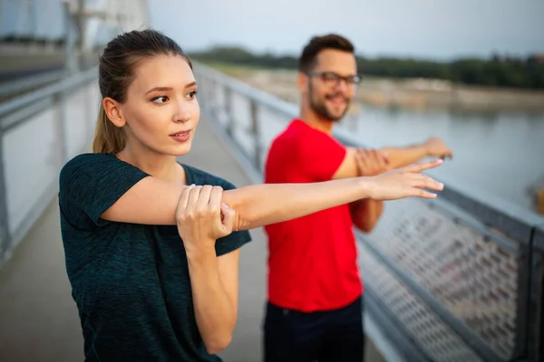 Fitness Sport People Exercising Lifestyle Concept Fit Couple Running Outdoor — Stock Photo, Image